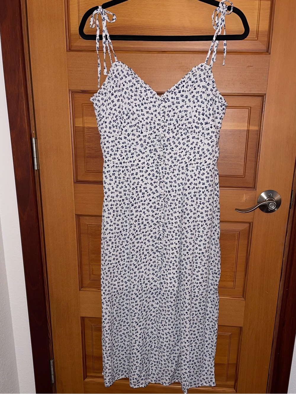 TRIXXI White Midi Dress Black/Deep Navy Floral Print & Tie Straps - NWOT - Large